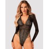 Кружевное боди с длинными рукавами Obsessive MERLYS TEDDY, Цвет: черный, Размеры: XS/S