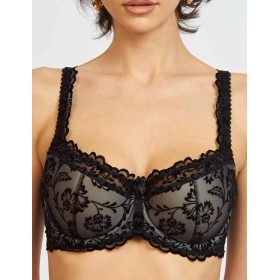 Бюстгальтер балконет с флок напылением Simona M 608 бархат черный/ серебристый пион, Цвет: бархат черный/пион, Размеры: 70G