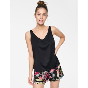 Атласный комплект с шортами Esotiq WILDFLOWER 39806, Цвет: черный+розовый, Размеры: S