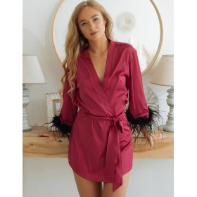 Короткий шелковый халат с перьями 5senses 7243, Цвет: малиновый, Размеры: XS/S/M/L