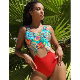 Купальник монокини с цветочным принтом UNICONF CBI227 V2 GARDEN OF DELIGHTS, Цвет: голубой/красный, Размеры: L