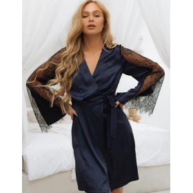 Шелковый халат с кружевными рукавами 5senses 7244 темно-синий, Цвет: темно-синий, Размеры: XS/S