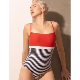 Полосатый слитный купальник бандо Opium SF-70, Цвет: черно-красный, Размеры: M