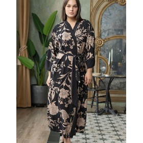 Длинный халат с запахом Mia-Amore RENE 5119, Цвет: цветы на черном, Размеры: 4XL/5XL