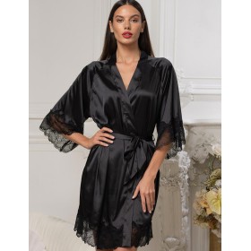 Атласный халат с кружевом Mia-Amore ADALIN 7553, Цвет: черный, Размеры: 2XL/3XL
