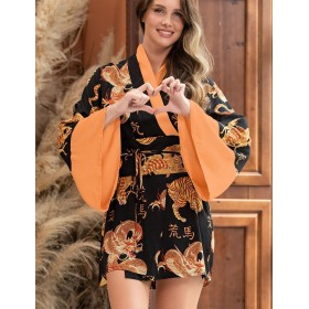 Яркий укороченный халат Mia-Amore DRAGON 5087, Цвет: черный, Размеры: S/M