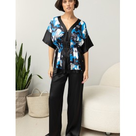 Брючный комплект из атласа Mia-Amore MARTINA 7326, Цвет: голубой+черный, Размеры: S