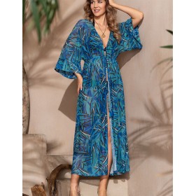 Длинный пляжный халат Mia-Amore TROPICAL ISLAND 2363, Цвет: синий, Размеры: 2XL/3XL
