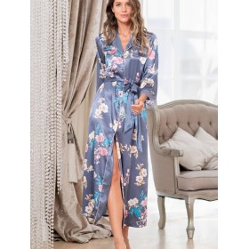 Длинный шелковый халат на пуговицах Mia-Amore HENRIETTA 3769, Цвет: жемчужно-серый, Размеры: M