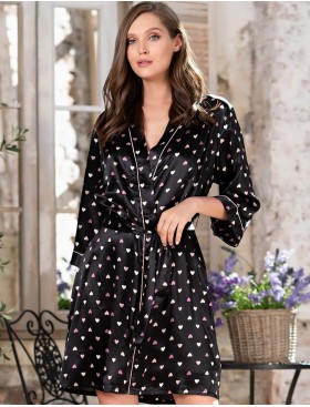 Короткий атласный халат Mia-Mella JULIA HEARTS 7073 черный, Цвет: черный, Размеры: S/M
