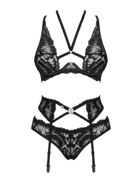 Кружевной комплект с поясом Obsessive ALESSYA SET, Цвет: черный, Размеры: XS/S, изображение 4