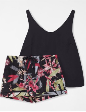 Атласный комплект с шортами Esotiq WILDFLOWER 39806, Цвет: черный+розовый, Размеры: S, изображение 4