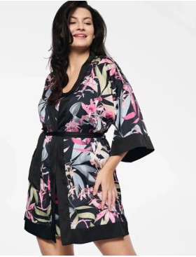 Атласный халат-кимоно Esotiq WILDFLOWER 39807, Цвет: черный+розовый, Размеры: S