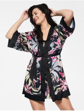 Атласный халат-кимоно Esotiq WILDFLOWER 39807, Цвет: черный+розовый, Размеры: S, изображение 2