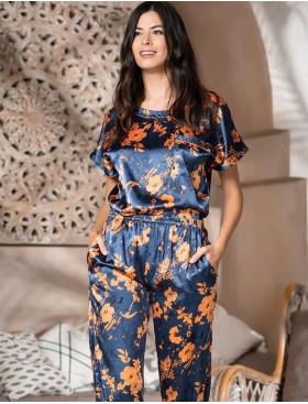 Шелковый комплект с цветочным принтом Mia-Amore QIARA 3825, Цвет: синий, Размеры: M