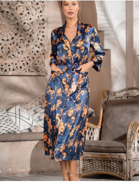 Длинный шелковый халат на пуговицах Mia-Amore QIARA 3829, Цвет: синий, Размеры: M