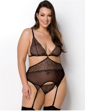 Полупрозрачный корсет +стринги Passion AMBERLY CORSET black, Цвет: черный, Размеры: 6XL/7XL