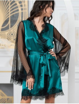 Халат из натурального шелка с кружевом Mia-Amore WINDSOR 3883 изумруд, Цвет: изумруд, Размеры: S/M