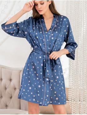 Короткий атласный халат с принтом Mia-Mella STARS 7073 синий, Цвет: синий, Размеры: XS