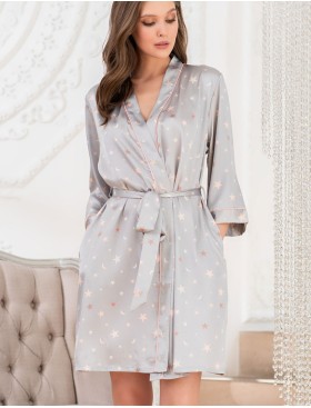 Короткий атласный халат с принтом Mia-Mella STARS 7073 серый, Цвет: серый, Размеры: S/M, изображение 4