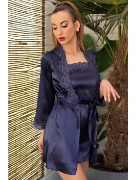 Атласная сорочка с халатом LIVIA CORSETTI LC 90249 JACQUELINE NAVY BLUE, Цвет: темно-синий, Размеры: S/M