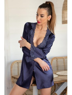 Атласная сорочка с халатом LIVIA CORSETTI LC 90249 JACQUELINE NAVY BLUE, Цвет: темно-синий, Размеры: S/M, изображение 3