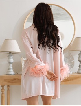 Короткий шелковый халат с перьями 5senses 7242, Цвет: розовый, Размеры: XS/S/M/L, изображение 2