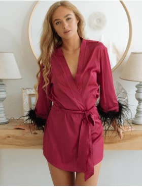 Короткий шелковый халат с перьями 5senses 7243, Цвет: малиновый, Размеры: XS/S/M/L