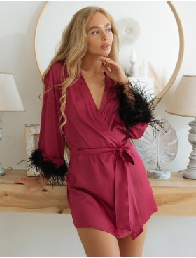 Короткий шелковый халат с перьями 5senses 7243, Цвет: малиновый, Размеры: XS/S/M/L, изображение 3