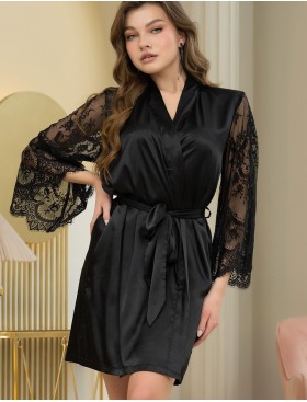 Атласный халат с кружевным рукавом Mia-Amore ESTER 7293 черный, Цвет: черный, Размеры: 4XL/5XL