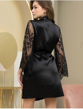 Атласный халат с кружевным рукавом Mia-Amore ESTER 7293 черный, Цвет: черный, Размеры: 4XL/5XL, изображение 2