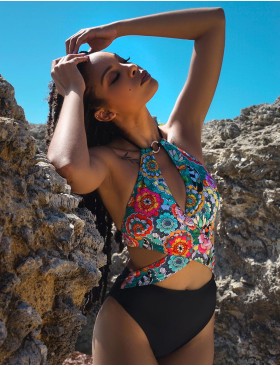 Купальник монокини с цветочным принтом UNICONF CBI226 V1 GARDEN OF DELIGHTS, Цвет: черный, Размеры: S