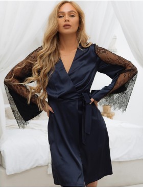 Шелковый халат с кружевными рукавами 5senses 7244 темно-синий, Цвет: темно-синий, Размеры: XS/S