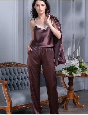 Атласный пижамный комплект тройка Mia-Mella JULIA 8735 шоколадный, Цвет: шоколадный, Размеры: S
