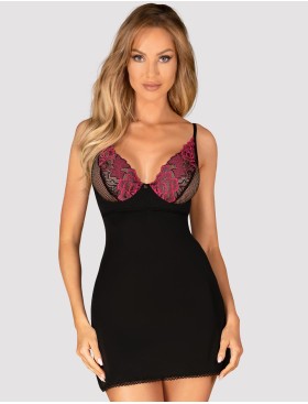 Сорочка с кружевом + стринги Obsessive ROSENTY CHEMISE, Цвет: черный, Размеры: XS/S