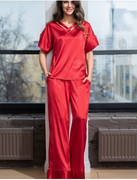 Атласная пижама с широкими брюками Mia-Amore MARY 7436 красный, Цвет: красный, Размеры: L, изображение 3