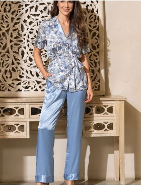 Шелковый брючный комплект Mia-Amore DOLCE VITA 5906, Цвет: бело-голубой, Размеры: M