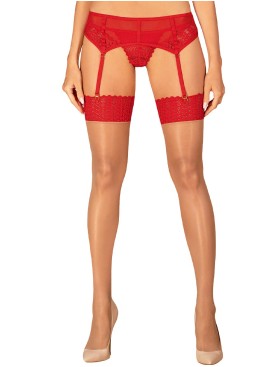 Чулки с кружевной коронкой Obsessive INGRIDIA STOCKING, Цвет: телесный/красный, Размеры: M/L