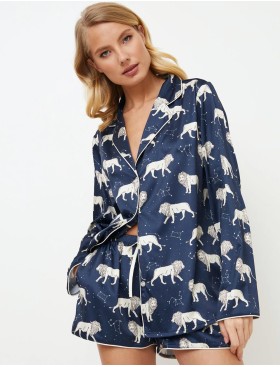 Атласная пижама с шортами Aruelle NALA, Цвет: темно-синий/серый, Размеры: S