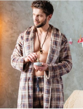Халат мужской теплый Key MGL 402 бежевый/серый, Цвет: бежевый/серый, Размеры: XL/2XL
