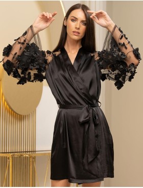 Шелковый халат с объемными цветами Mia-Amore FLORINDA 4273 черный, Цвет: черный, Размеры: L/XL