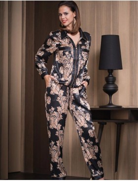 Домашний комплект из шёлка Mia-Amore GOLDEN FLOWER 3306, Цвет: черный, Размеры: 3XL