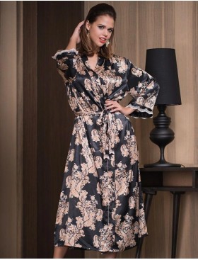Длинный халат шёлк Mia-Amore GOLDEN FLOWER 3309, Цвет: черный, Размеры: 4XL