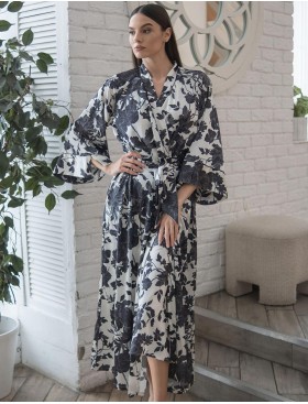 Шёлковый длинный халат Mia-Amore GLADIS 4119, Цвет: черно-белый, Размеры: 4XL/5XL