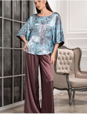 Шёлковая пижама с брюками Mia-Amore PROSECCO 4226, Цвет: бирюзовый+шоколад, Размеры: M, изображение 2