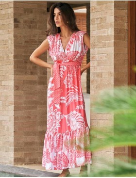 Длинное летнее платье Cosita Linda 25041C GLAMOROUS LEAVES, Цвет: розовый, Размеры: S