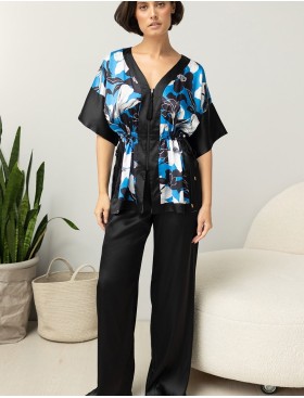 Брючный комплект из атласа Mia-Amore MARTINA 7326, Цвет: голубой+черный, Размеры: L