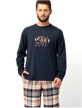 Пижама мужская с фланелевыми штанами Key MNS 444, Цвет: тёмно-синий/бежевый, Размеры: 2XL