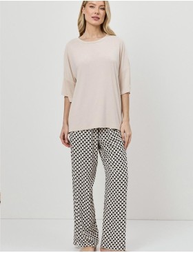Пижама с брюками из вискозы Aruelle VEDA, Цвет: песочный/чёрный, Размеры: XS, изображение 2