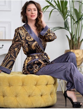Шелковый комплект с брюками Mia-Amore ARMANI GOLD 3426, Цвет: темно-синий/золотой, Размеры: XL